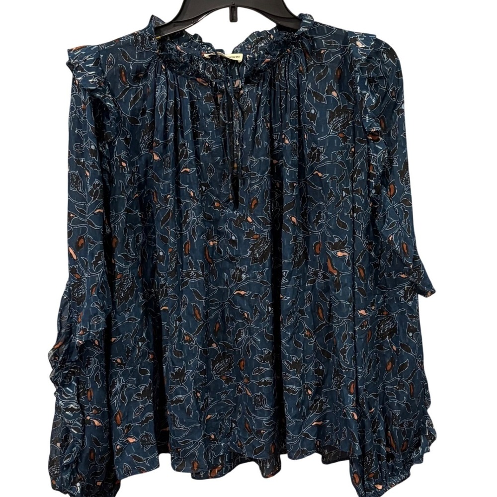 Ulla Johnson Atiya Silk Blend Blouse Midnight Blue Floral Metallic Lurex Size 6